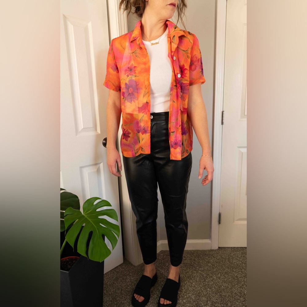 Miss Dorby Sheer Pink and Orange Flower over short sleeve buttoned shirt